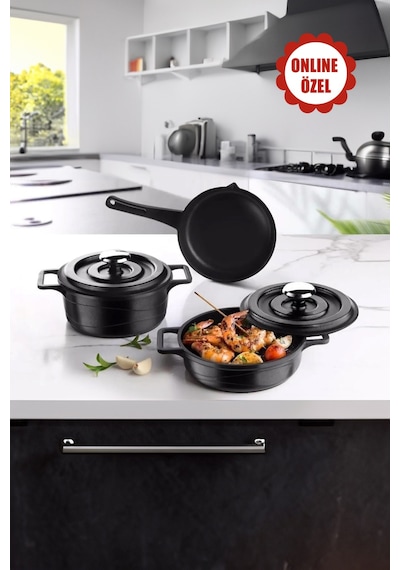 Smart Baby Series 5 Parça Mini Döküm Tencere Seti Siyah 14 Cm Fırın&Ocak Uyumlu