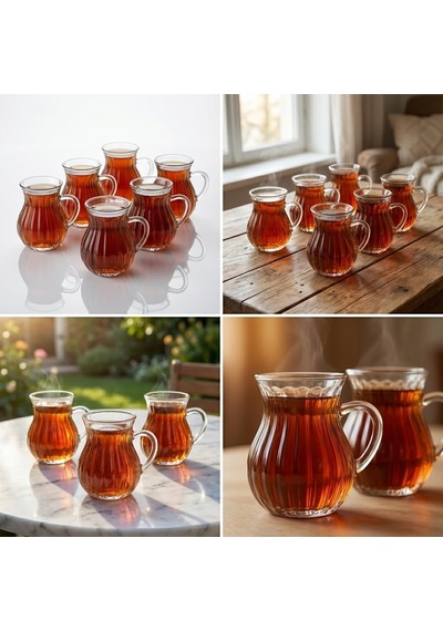 6'li Kulplu Borosilikat Fitil Desenli Cam Çay Bardağı Seti - Şeffaf Ve Isıya Dayanıklı Şık Çay Takımı 180ml Çok Renkli