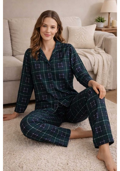 Tenra Kadın Pijama Takımı Boydan Düğmeli Haki