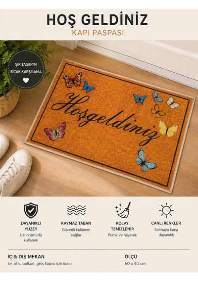Hoş Geldiniz Kapı Önü Paspası 40x60cm Kaymaz Taban Dekoratif Coco Paspas Sarı