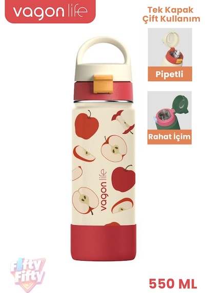 550 Ml Desenli Tek Kapak Çift Kullanım Pipetli Rahat İçim Kulplu Paslanmaz Çelik Termos 1109-550ml Ekru