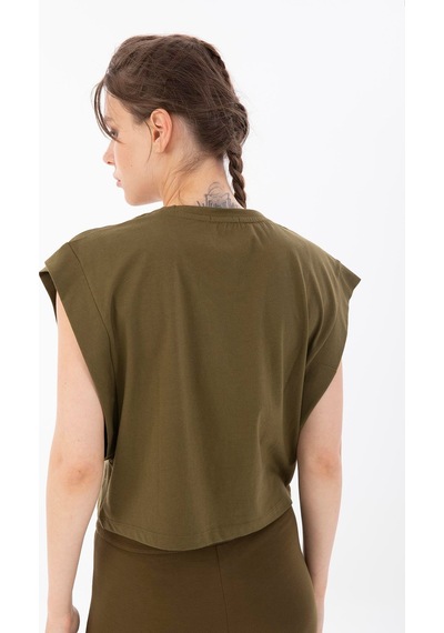Maraton Sportswear Regular Kadın Bisiklet Yaka Kısa Kol Basic Zeytin Crop Top 20878 Zeytin Yeşili
