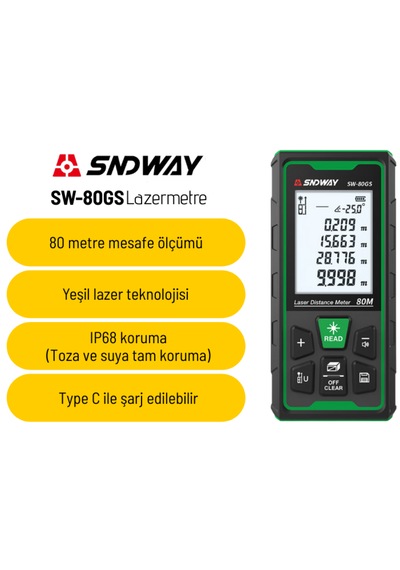Sndway Sw-80gs Yeşil Lazerli 80 Metre Lazermetre Şarjlı Ve Ip68 Korumalı