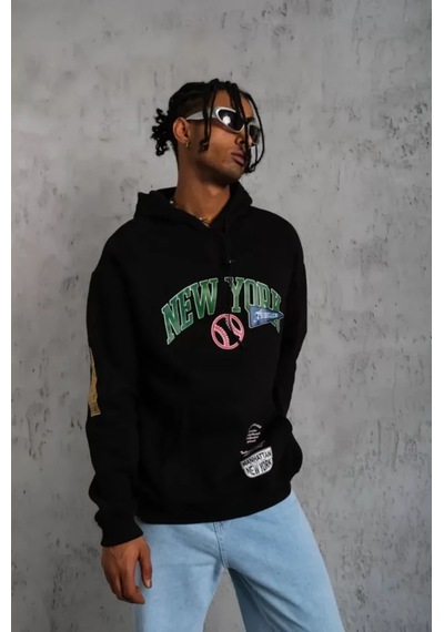 Veraura Lifestyle Erkek Baskılı Kapüşonlu Sweatshirt - Siyah