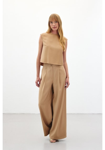 Sateen Geniş Paça Pantolon - Camel-136453 Camel