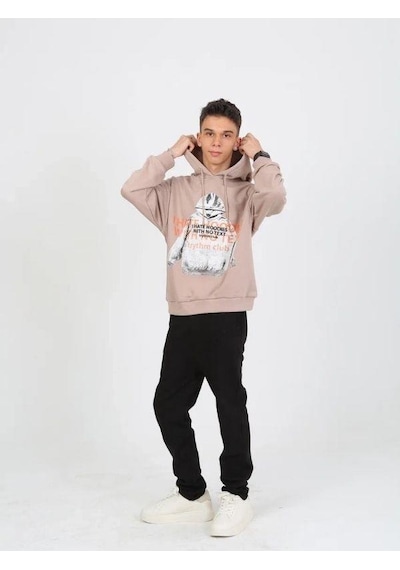 Marions Erkek Çocuk Kapüşonlu Not Hoodies Yazılı Sweatshirt-15230 Bej