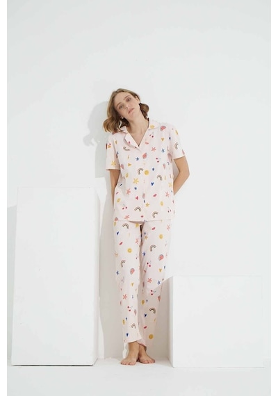 Siyah İnci Pamuklu Düğmeli Örme Pijama Takımı Desenli