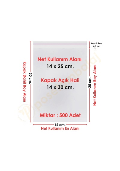 14x25+5 Cm. 14x30 500 Adet Şeffaf Bantlı Yapışkanlı Opp Poşet