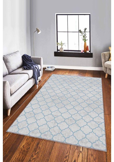 Mavi Fas Desen Kaymaz Tabanlı Makinede Yıkanabilir Halı Fs04