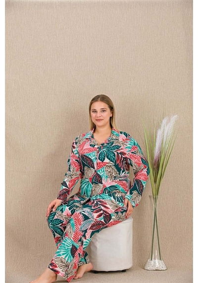 Modenya Büyük Beden Renkli Yaprak Desenli Düğmeli Uzun Kol Viskon Pijama Takımı Beyaz