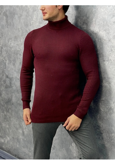 Modefendi Slim Fit İtalyan Kesim Balıksırtı Rengi Tam Boğazlı Kazak Bordo