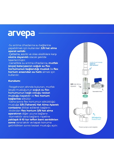 Arvepa Su Arıtma Cihazı 3/8 (Taharet) Hat Alma ve Konnektör Vana Seti - Ekstra Dayanıklı (Metal)