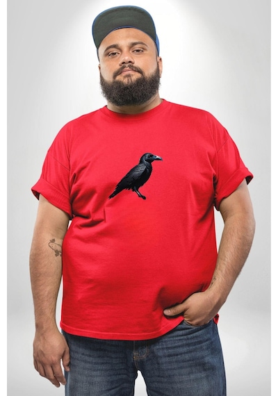Angemiel Kırmızı Karga Kırmızı Büyük Beden Erkek Kadın Unisex Basic Ön Baskılı Tişört Kırmızı