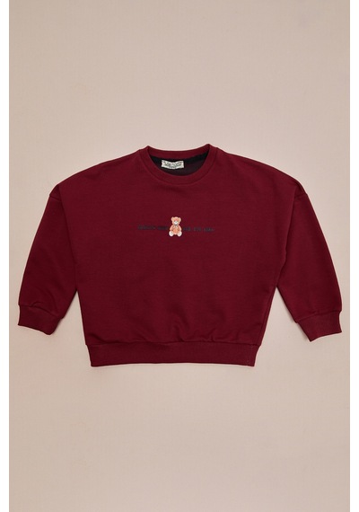 Fullamoda Ayıcık Baskılı Oversize Kız Çocuk Sweatshirt Bordo