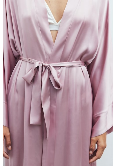 Frappant Gül Kurusu Uzun Saten Sabahlık / Kimono Pembe
