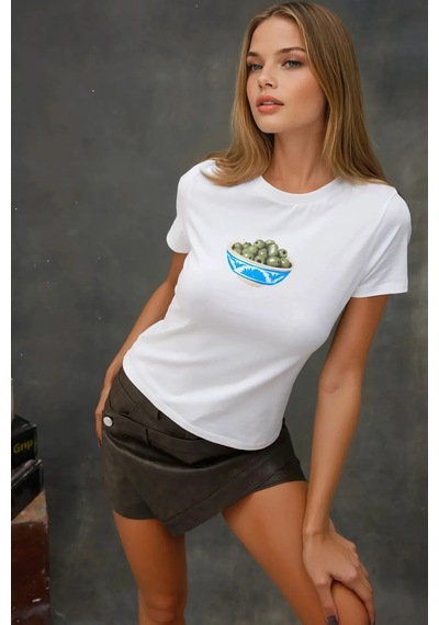 Hiccup Kadın Bisiklet Yaka Kısa Kollu Önü Baskılı Pamuklu T-shirt Tozlu Beyaz