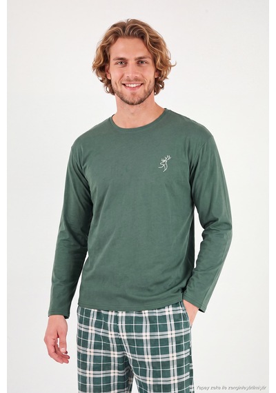 Buratti Ekoseli Pamuklu Bisiklet Yaka Uzun Kollu Pijama Takımı Erkek Pijama Takımı 6575003 Yeşil