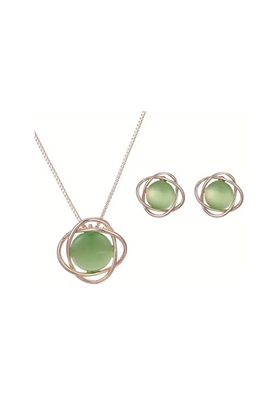 Junea - Rose Gold Zincirli Yeşil Taşlı Geometrik Şık Tasarım Minimalist Kolye Ve Küpe Takı Seti