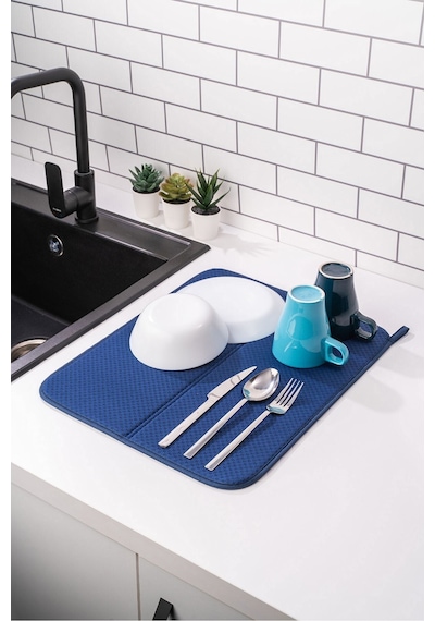 Bulaşık Matı Süper Emici Bulaşık Kurutma Örtüsü 45x36cm Katlanabilir Bulaşık Matı Lacivert Plastik M Diğer