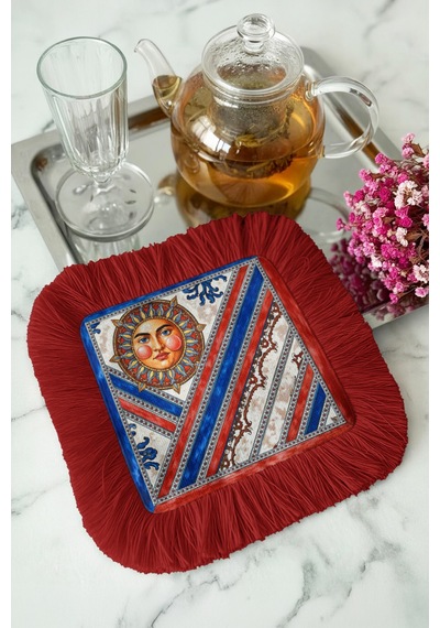 Güneş Motifli Lüks Saçaklı Sunum Peçetesi - Etnik Stil Kırmızı Mavi Desenli Kahve Sunum Mendili Çok Renkli