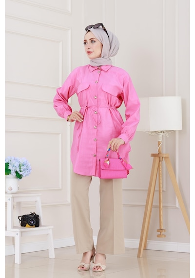 Sevitli Cep Kapaklı Beli Bağcıklı Tunik-pembe-5155 Pembe