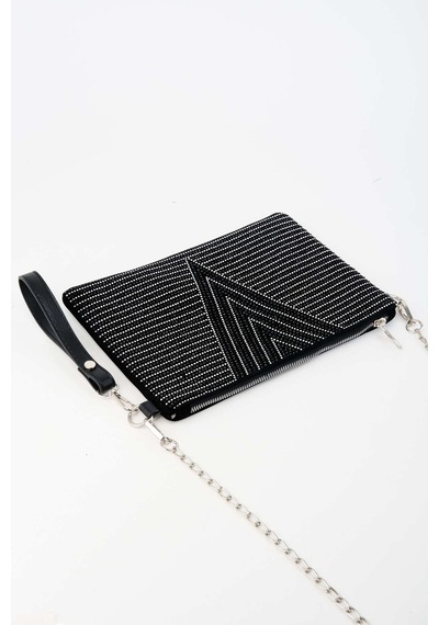 Vivaq Kadın V Gümüş Taşlı Süet Bilek Askılı Ve Zincir Askılı Portföy El Ve Clutch Çanta SİYAH