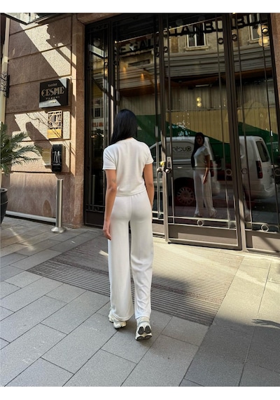 WeShaya Beyaz Palazzo Modal Polyester Keten Takım Beyaz