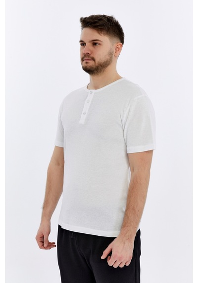 Erkek Henley Yaka %100 Pamuklu Dokulu Kumaştan Kısa Kollu Günlük Basic Tişört Beyaz