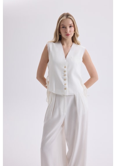 Mai Collection Mai Studios Co. Shonas Bağcık Detay Ekru Yelek Pantolon Takım Ekru