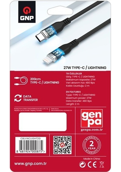 Gnp 27w Type-c To Lightning Neon Işıklı Kablo 200cm Genpa Garantili