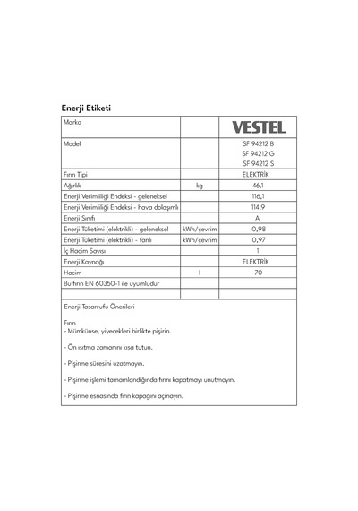 Vestel SF 94212 G Solo Fırın