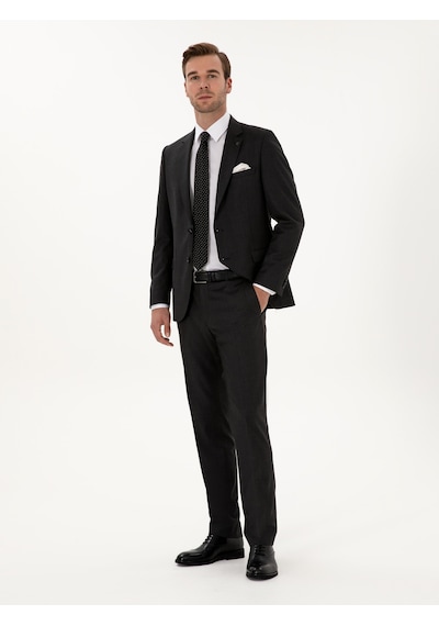 Cacharel Füme Slim Fit Mikro Desenli Yün Karışımlı Takım Elbise Gri