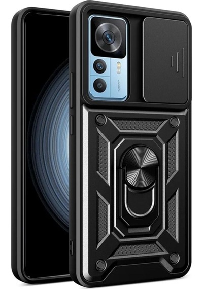 Xiaomi 12T Pro Uyumlu Tank Kılıf Yüzüklü Standlı Extra Koruma Zırhlı Outdoor Kapak - Siyah
