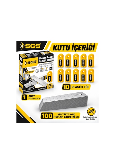 Sgs Sgs164 18 Mm Maket Bıçağı Yedeği 0,50 Mm 10 Paket 100 Adet Metal Uç Kutu