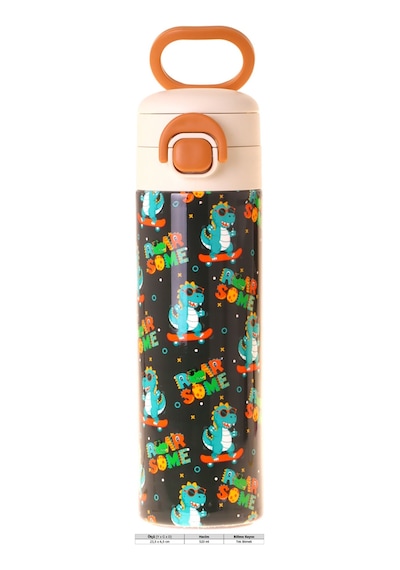 Kaukko Kids 520 Ml Dinazor Baskılı Sarı - Mavi Erkek Çocuk Çelik Termos Matara Çift İçim Kilitli Kapak - L5397