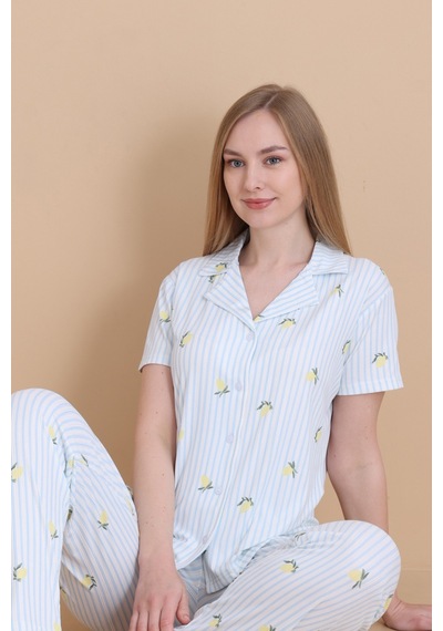 Wordex Mirano 9515 Çizgili Pegasus Pamuklu Kumaş Düğmeli Kısa Kolu Kadın Pijama Takımı Ekru Wordex Mirano 9515 Çizgili Pegasus Pamuklu Kumaş Düğmeli Kısa Kolu Kadın Pijama Takımı Ekru