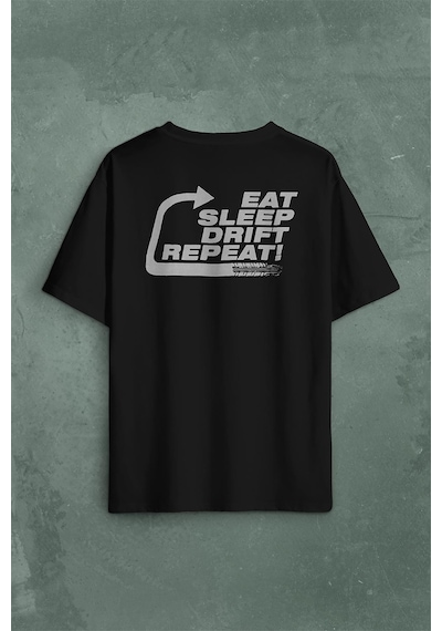 Eat Sleep Drift Repeat Race Sport Motospor Sırt Ön Baskılı Oversize Tişört Unisex T-shirt 001