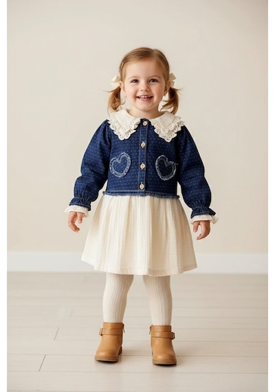 Miniğimin Cicileri Minigimin Cicileri Kalp İşleme Denim Ceket Bebe Yaka Müslim Elbise 2'li Kız Çocuk Takım - Koyu Mavi Miniğimin Cicileri Minigimin Cicileri Kalp İşleme Denim Ceket Bebe Yaka Müslim Elbise 2'li Kız Çocuk Takım - Koyu Mavi