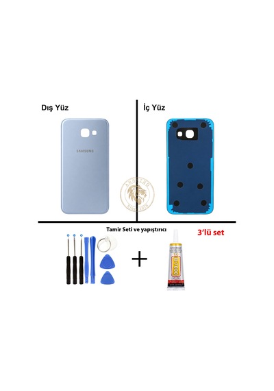 Samsung Galaxy A3 2017 A320 Mavi Renk Arka Kapak + Tamir Seti + B7000 Yapıştırıcı Arka Cam Batarya Kapağı Pil Kapağı Lazer Kesim Back Cover Galaxy A3 2017 Uyumlu