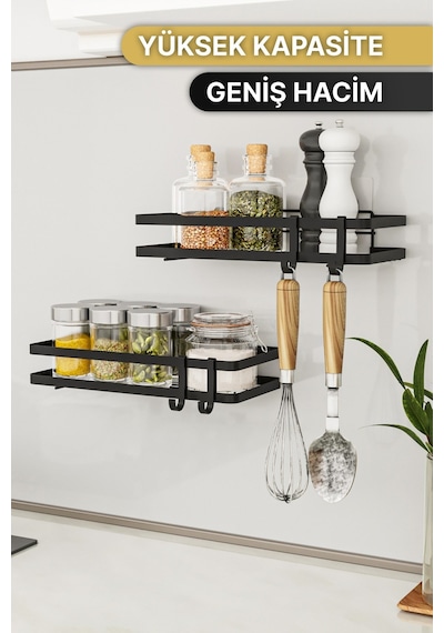 Bino Mutfak Rafı 2'li Set Yapışkanlı Lüks Modern Siyah Metal Baharatlık Rafı Organizer Düzenleyici Siyah