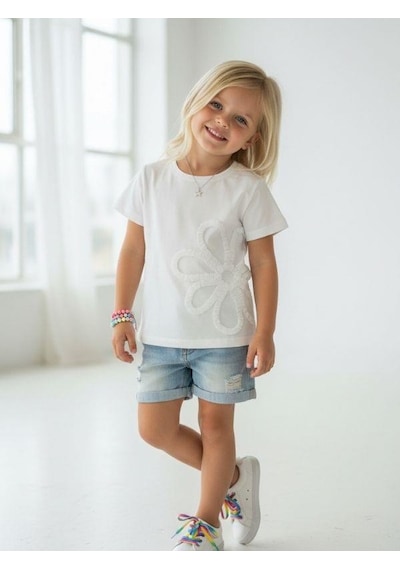 Zekids Kız Çocuk Çiçek Nakışlı Tasarım T-shirt-16889 Beyaz