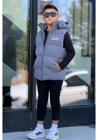 Pina Kids Erkek Çocuk Baskılı Çıkarılabilir Kapüşonlu Şişme Yelek 3017 Füme