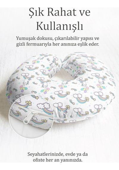 Unicorn Gökkuşağı Desenli Boyun Yastığı - Pastel Renkli Bulut Temalı Seyahat Yastığı Yosunlu Açık Bej
