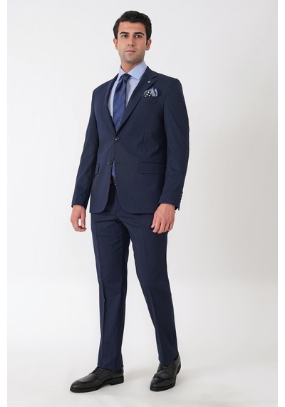 Efor Slim Fit Mono Yaka Çift Yırtmaç Esnek Yünlü Lacivert Takım Elbise Tk 947
