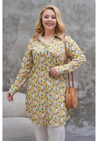 Polologin Butik Küçük Çiçek Desenli Krem Viskon Tunik Bej