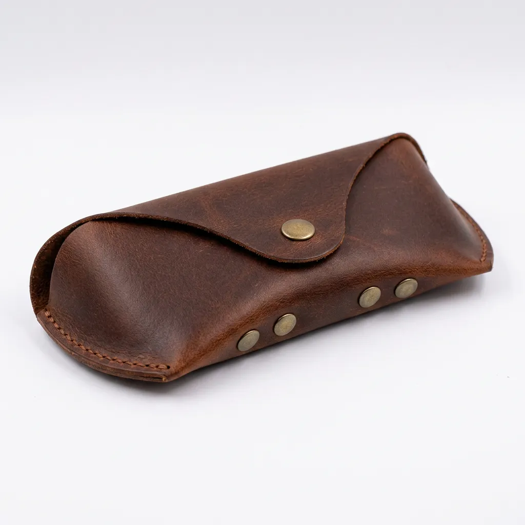 %100 Hakiki Deri El Dikişi Çıtçıtlı Gözlük Kılıfı 16x7 Cm Taba