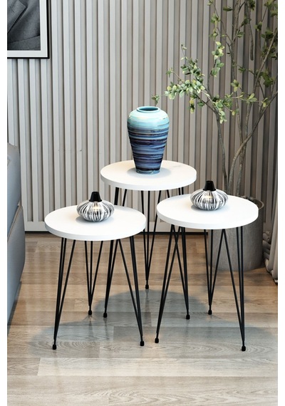 3'lü Zigon Sehpa Yuvarlak Model Zigon Sehpa Metal Tel Ayak Beyaz