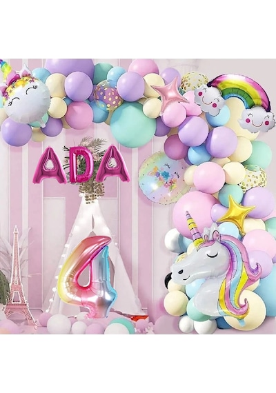 3 Harfli Yaş Seçenekli Gökkuşağı Konseptli Unicorn Temalı Makaron Balon Doğum Günü Parti Kutlama Seti 1