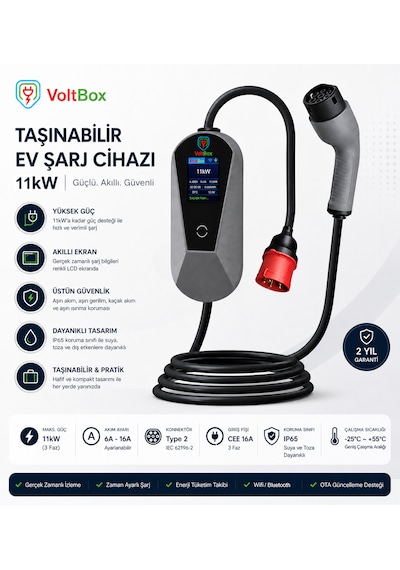 Voltbox Pro11 Taşınabilir Elektrikli Araç Şarj Cihazı 16a/11kw/380v 5 Metre -türkçe Menü 11 Kw