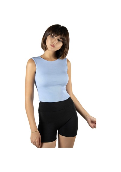 Terapi Men Mavi Fitted/vücuda Oturan Crop Halter Yaka Fitilli Esnek Örme Bluz Atlet Mavi